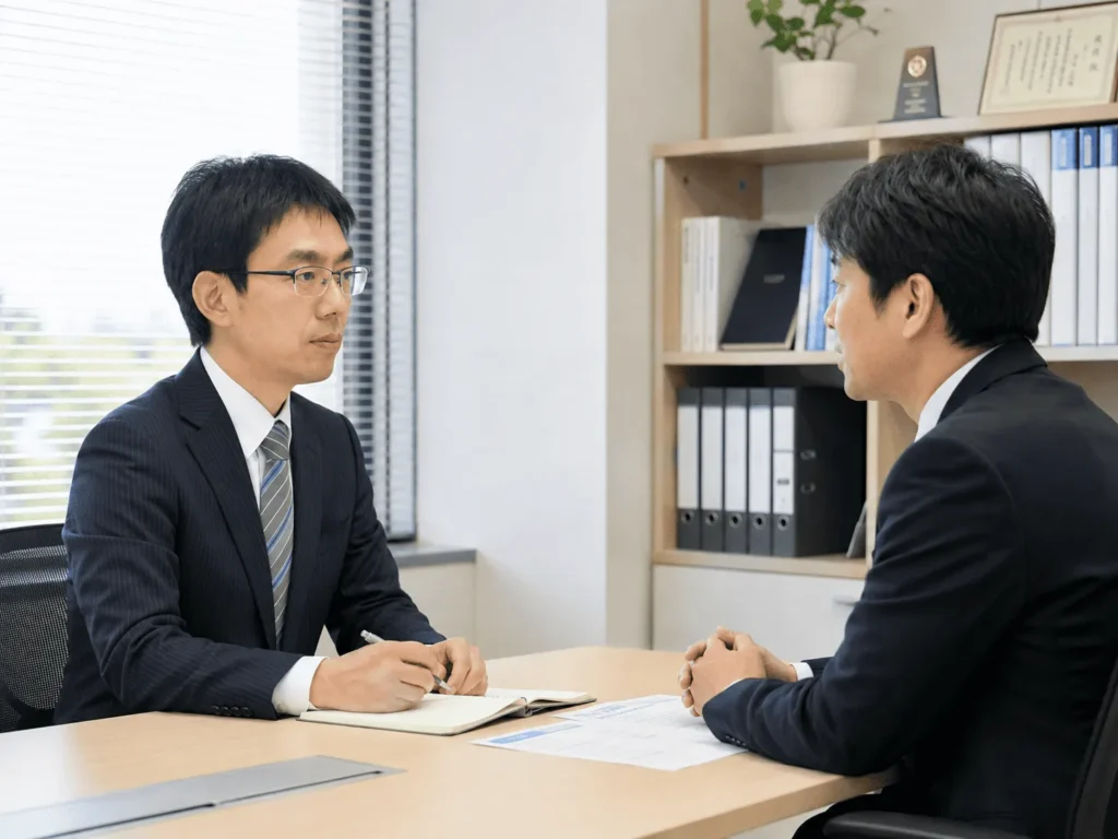 事務所で相談に対応する労働衛生コンサルタント